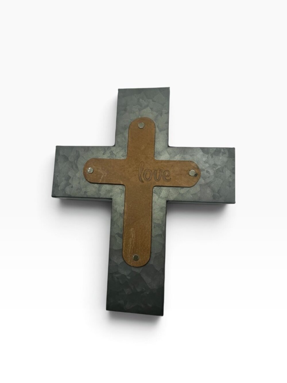 DEMDACO Love Wall Cross Art Rustic Galvanized Metal Leather 10"x12"